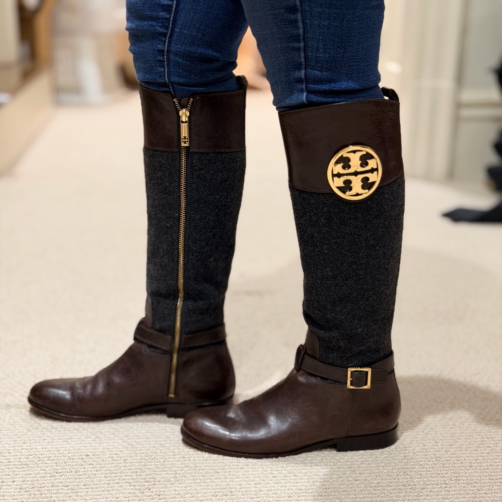 Tory Burch Brown and Black Knee-High Riding Boots with embellishments